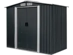 Dark grey metal garden shed with double doors and white trim.