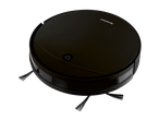 Aspirador robô Silvercrest preto com escovas laterais e botão de ligar.