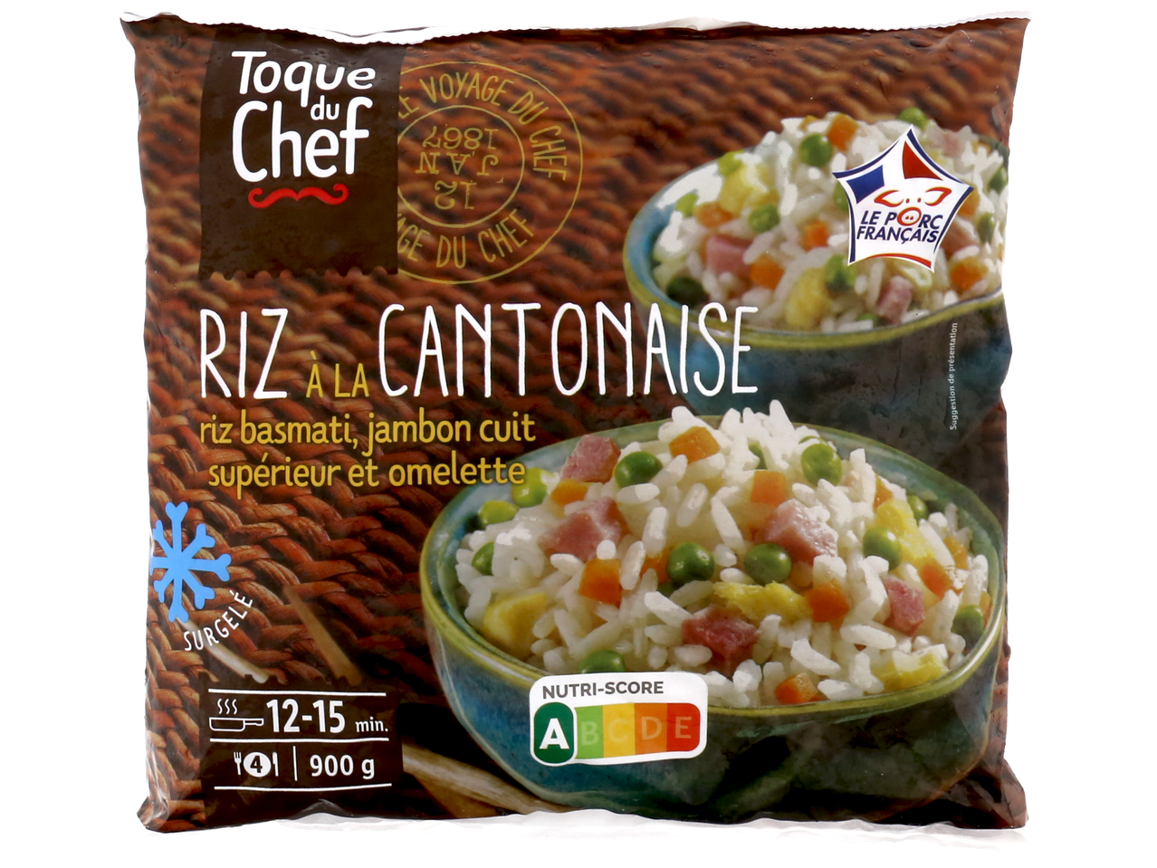 Sachet de riz cantonais surgelé avec riz basmati, jambon cuit et omelette, Nutri-Score A.