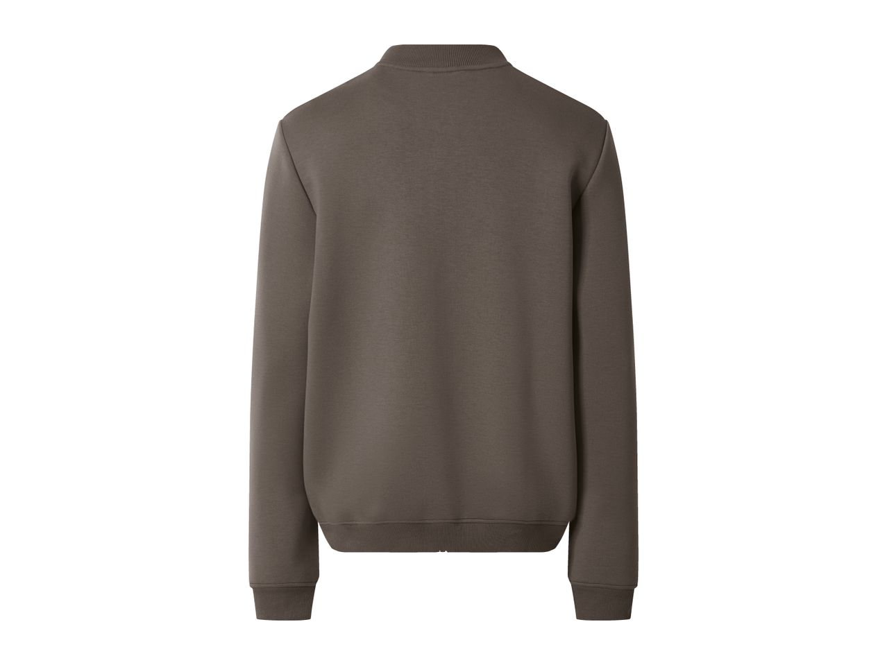 Back view of a plain dark brown men's sweatshirt with a ribbed collar, cuffs, and hem.