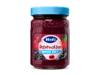 Een pot bosvruchtenjam met een blauw deksel en een etiket met fruit en de tekst 'Minder Zoet'.