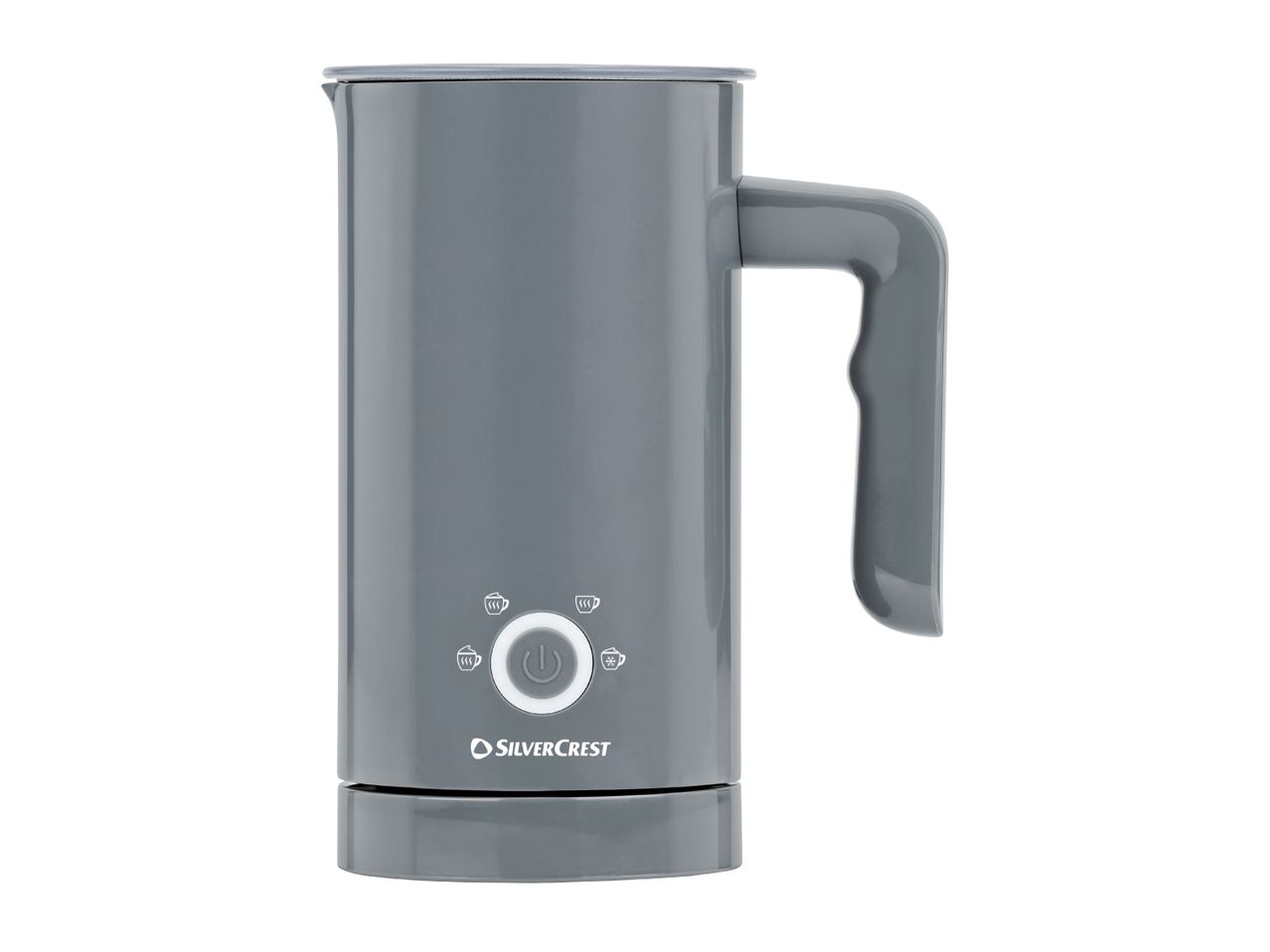 SilverCrest milk frother in gray with a handle and control panel.
