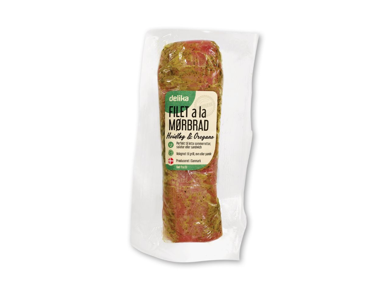 Delika filet af mørbrad med hvidløg og oregano, pakket og klar til tilberedning.