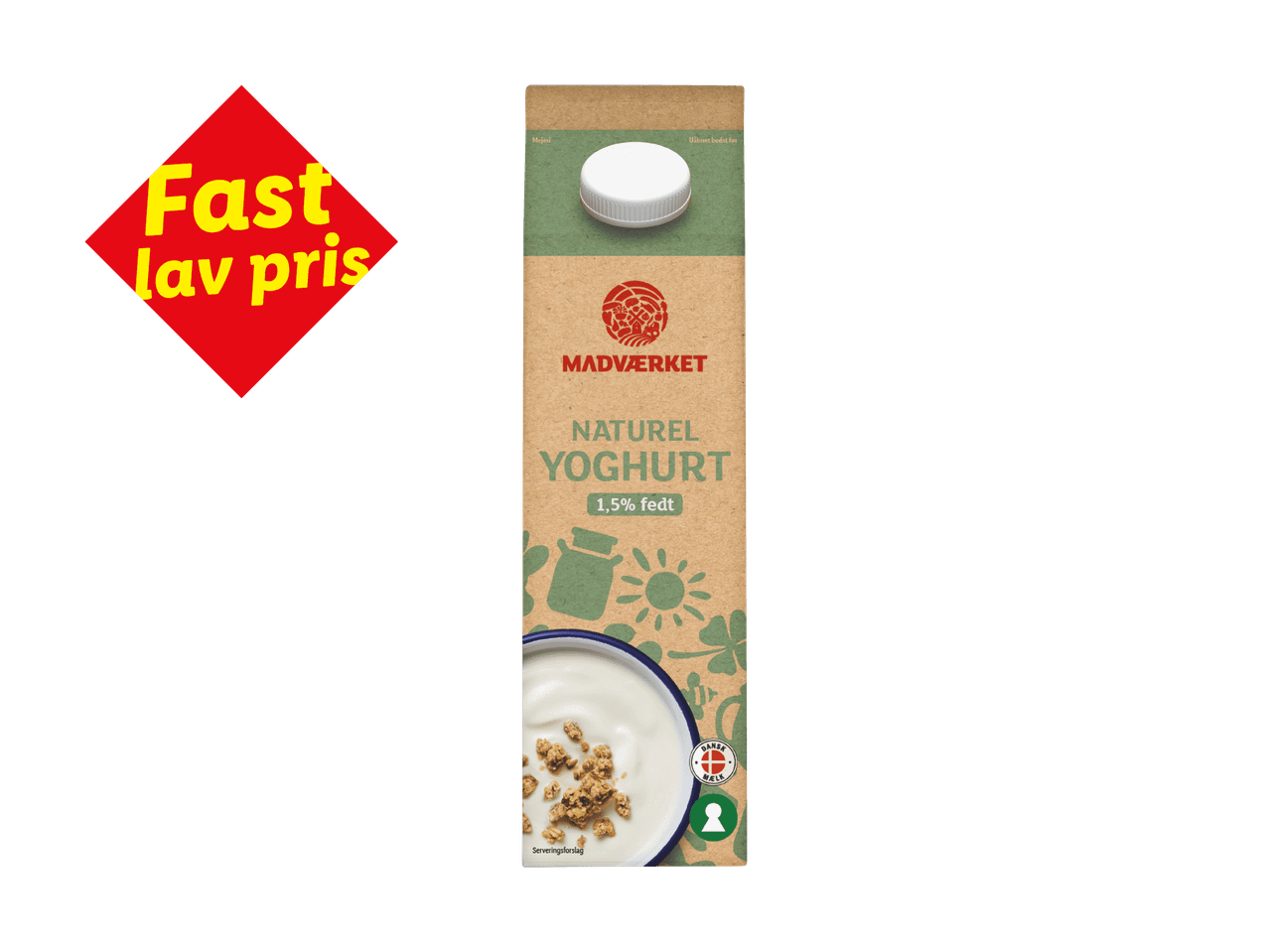 Yoghurtkarton med teksten 'Fast lav pris' og 'Naturel Yoghurt 1,5% fedt'.