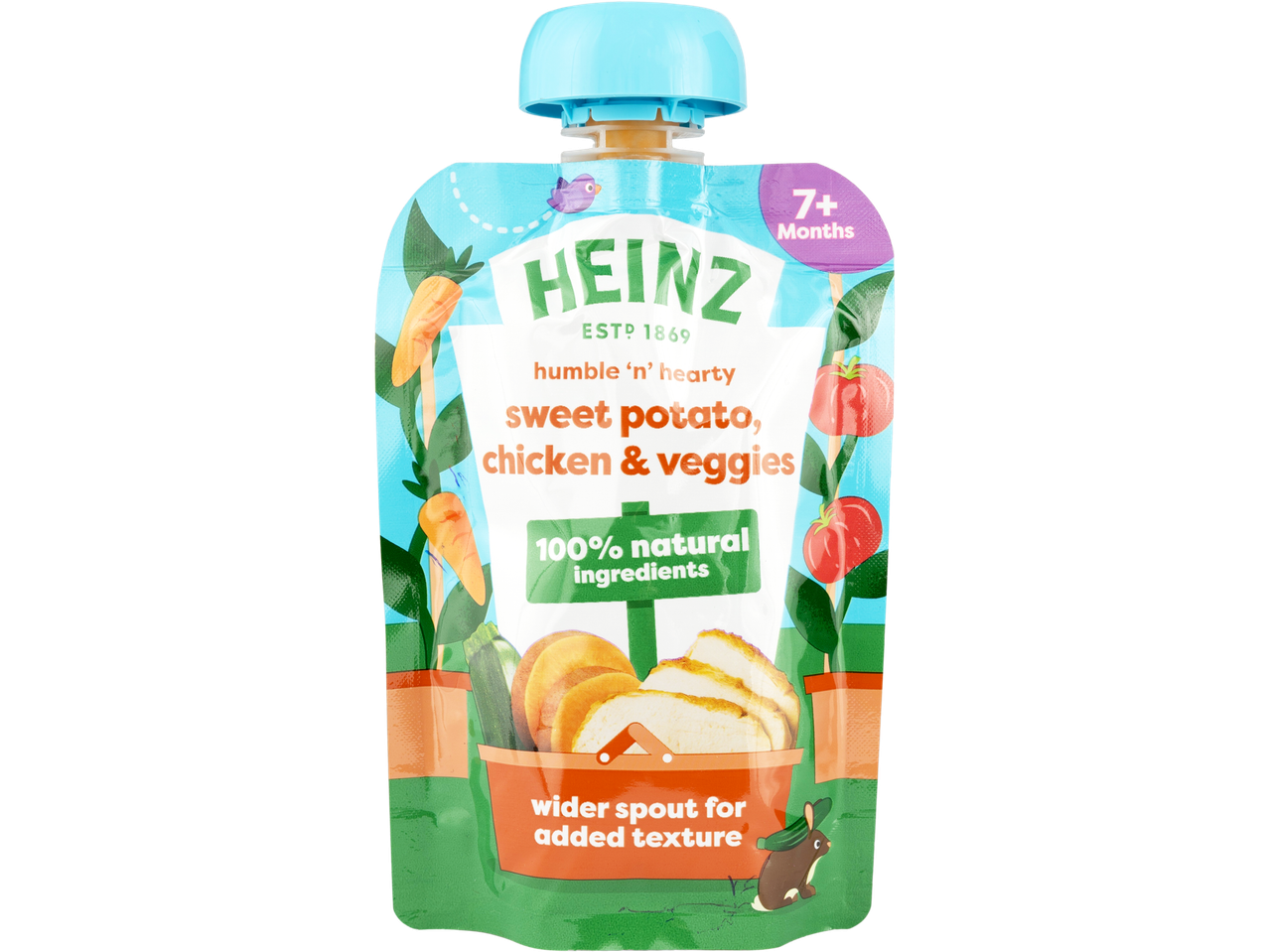 Heinz sweet potato, chicken & veggies baby food pouch.