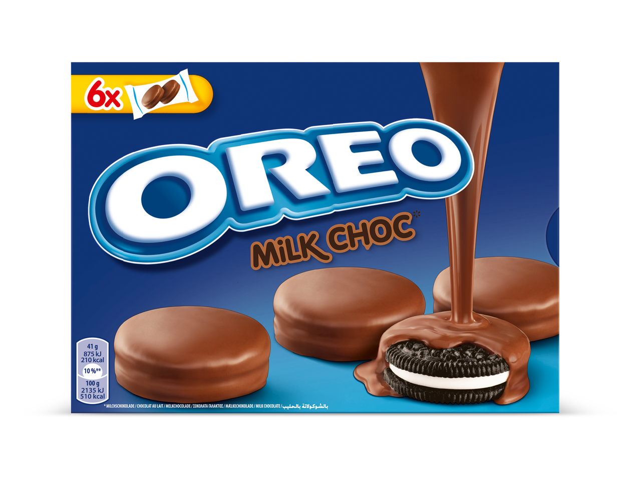 Een doos met zes melkchocoladekoekjes, met een koekje dat in chocolade wordt gedompeld.