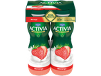 Embalagem de iogurte Activia de morango com duas garrafas.
