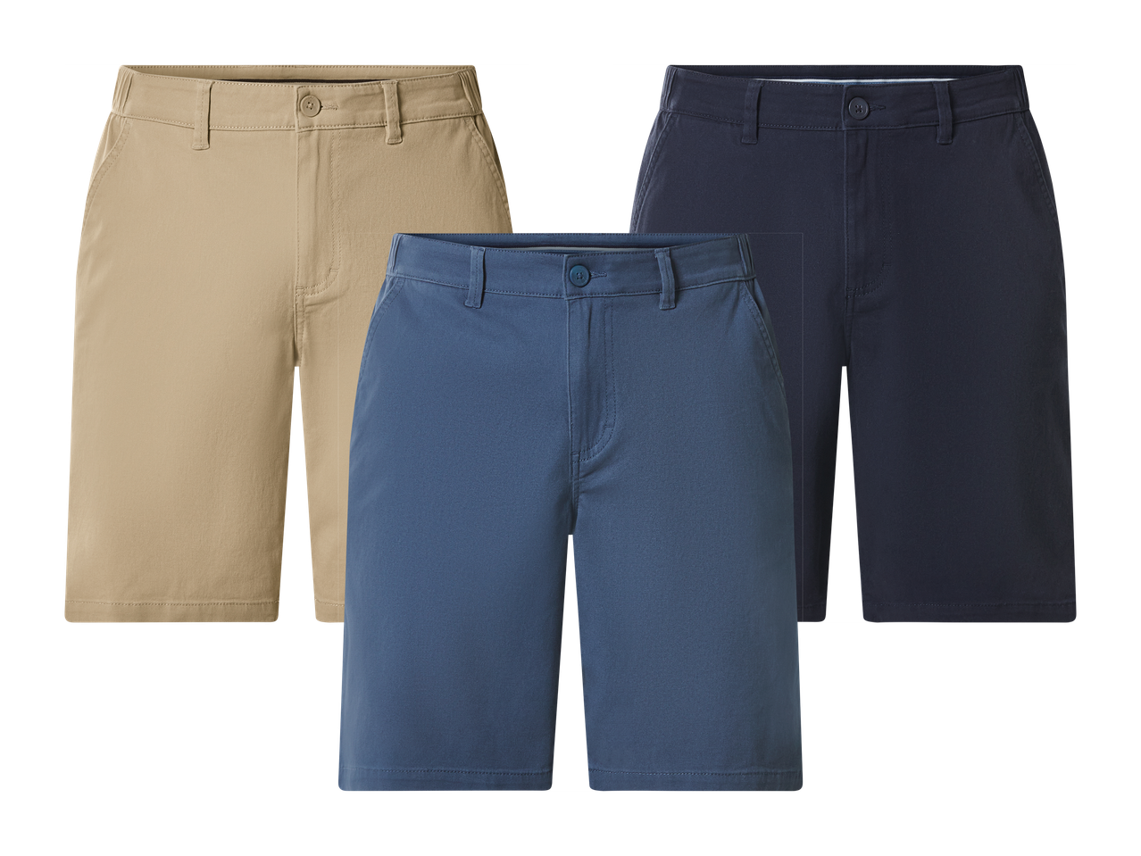 Tri muške kratke hlače u bež, plavoj i tamnoplavoj boji, s gumbom i petljama za remen.