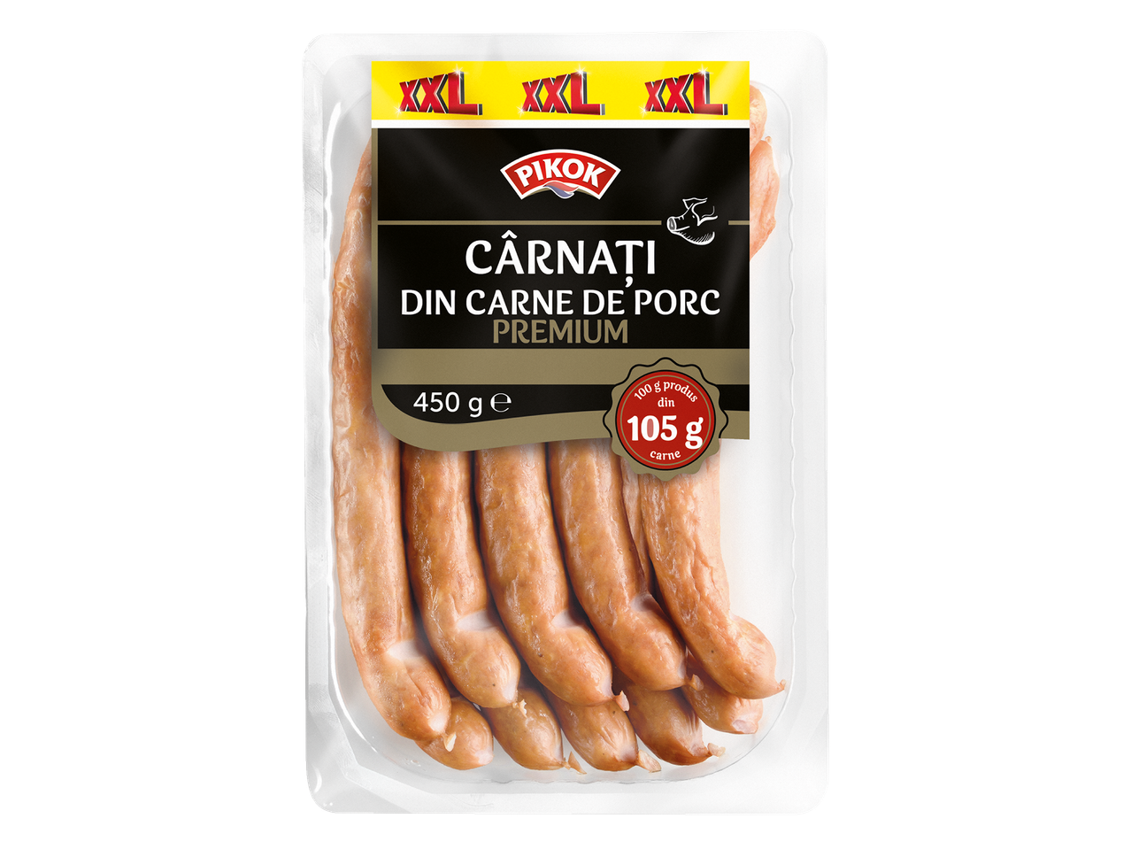 Cârnați Pikok XXL premium din carne de porc, ambalaj plastic.