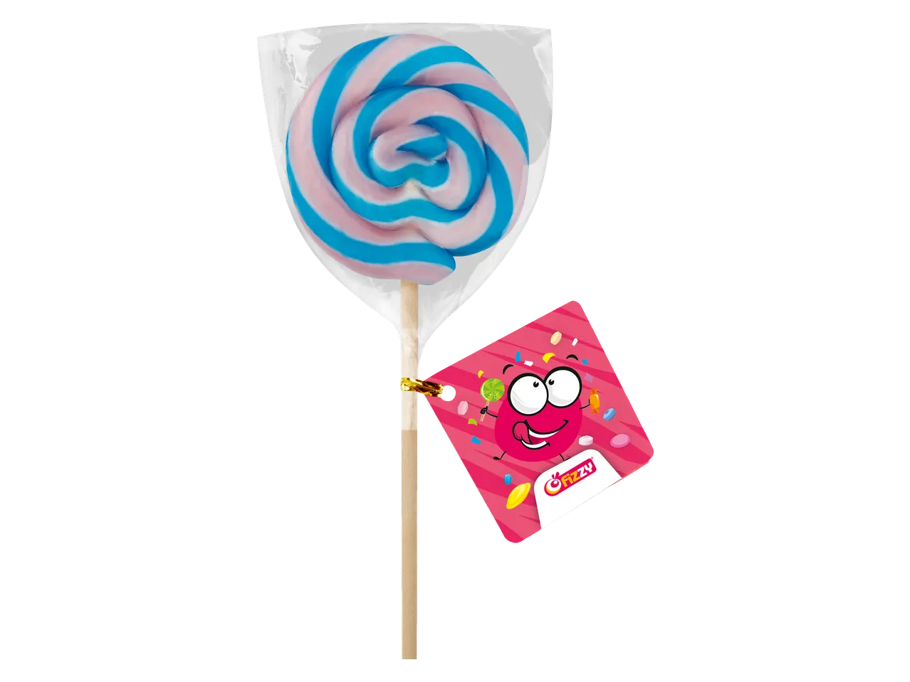 Roze en blauwe spiraalvormige lolly met een Fizzy-label, op een zwarte achtergrond.