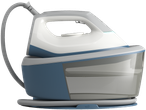 White and blue steam generator iron with a large water tank and a braided hose.