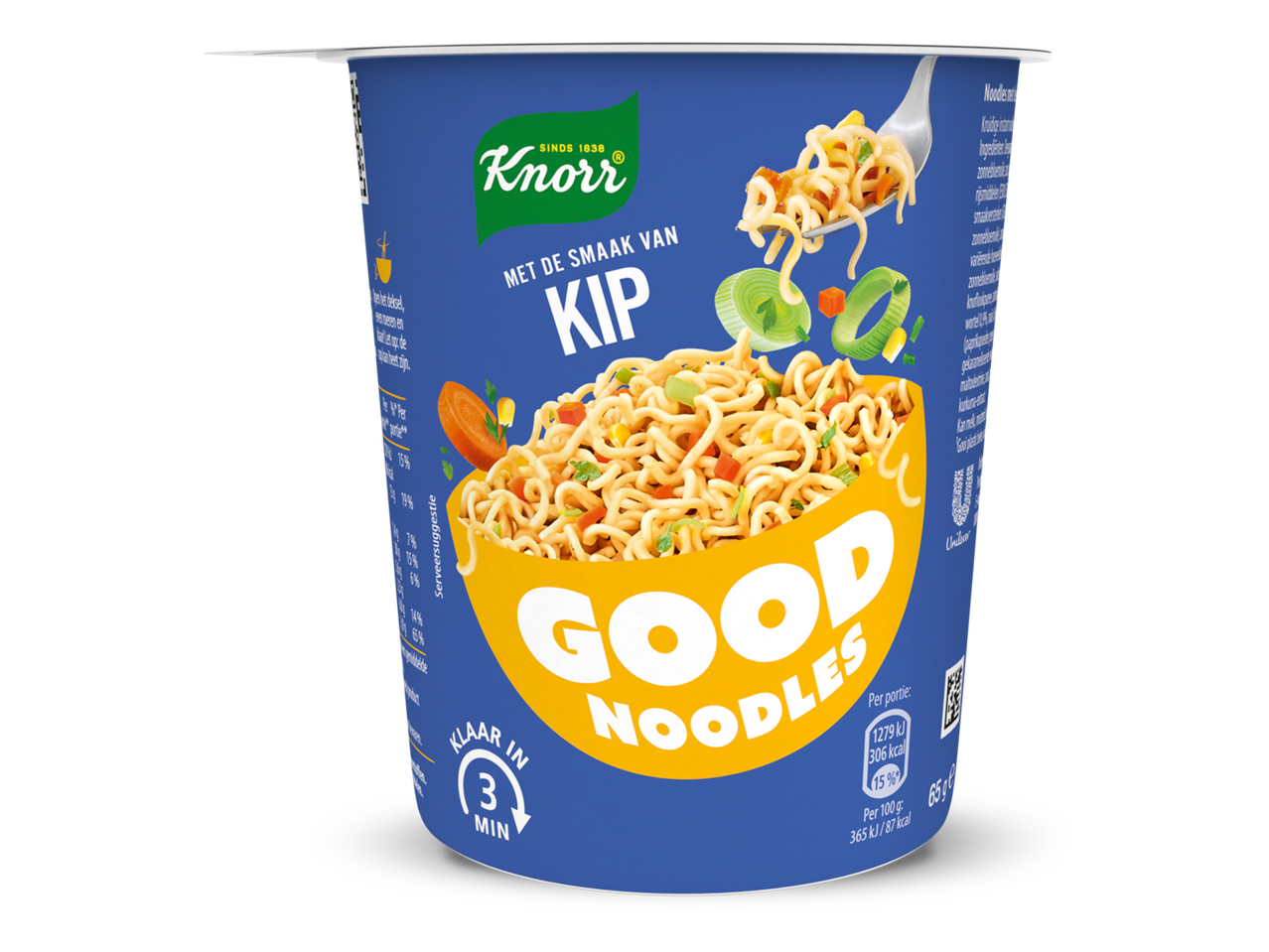 Instant noedels met kipsmaak in een blauwe cup, klaar in 3 minuten.