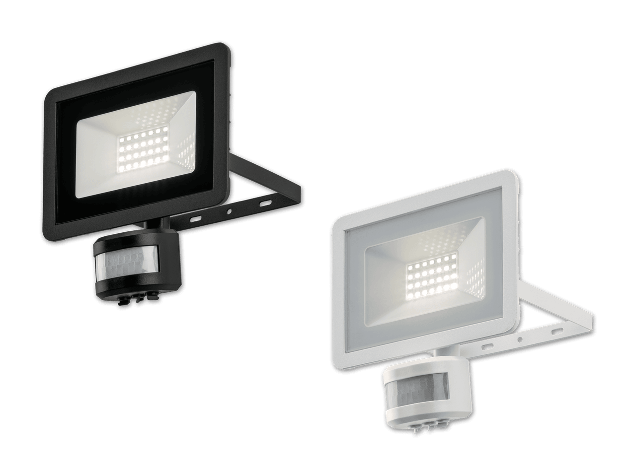 Zwei LED-Fluter mit Bewegungsmelder, einer schwarz und einer weiß, auf schwarzem Hintergrund.