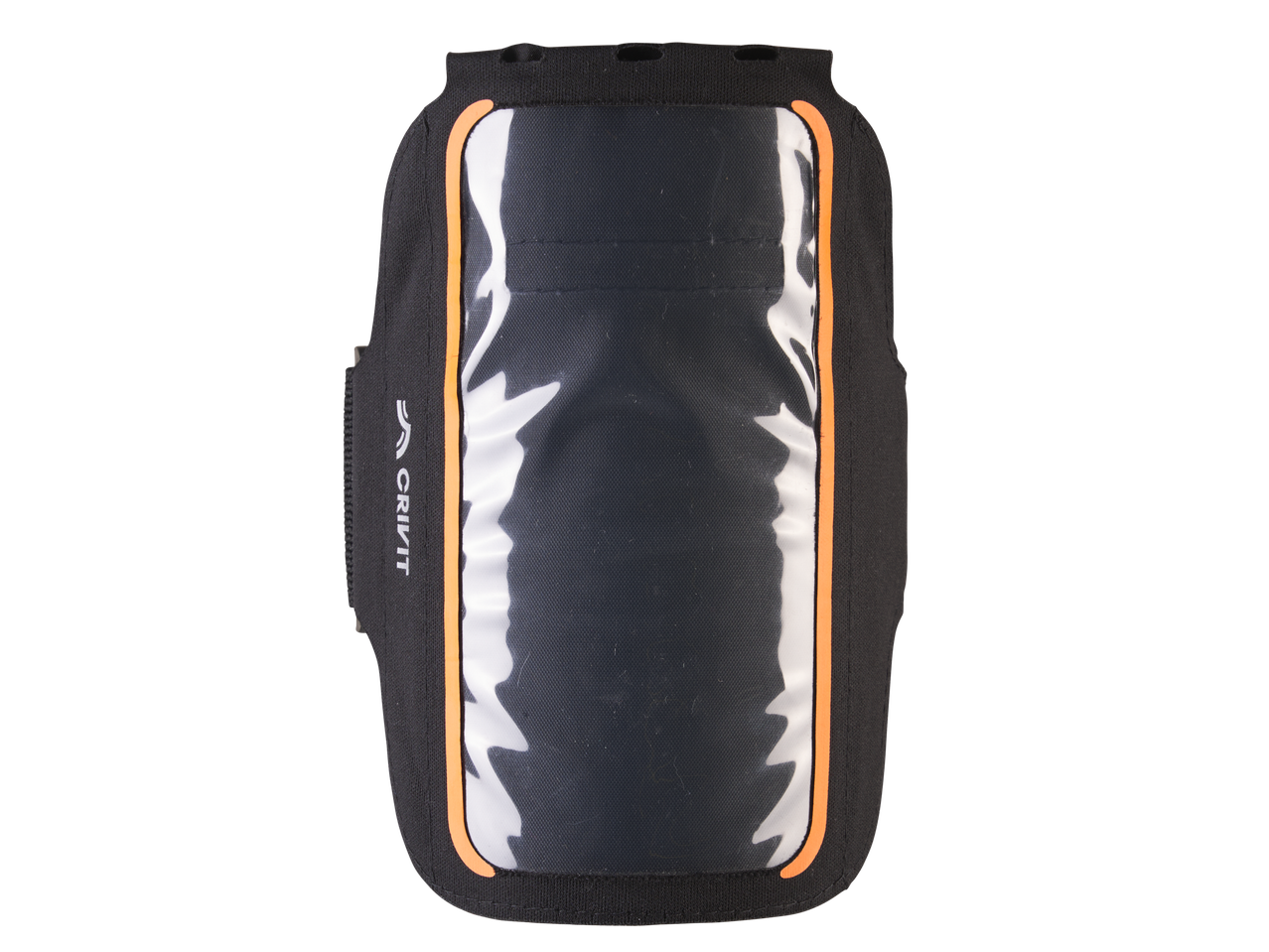 CRIVIT tekaški ovitek za roko s prozornim oknom in oranžnimi detajli.