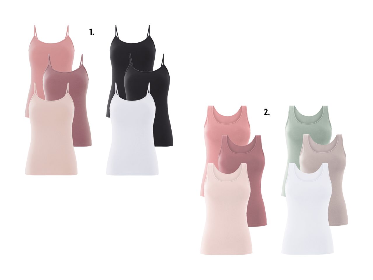 Drei Sets Damen-Tops in verschiedenen Farben.