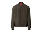 Dark green bomber jacket with a red plaid lining, front zipper, and ribbed cuffs.