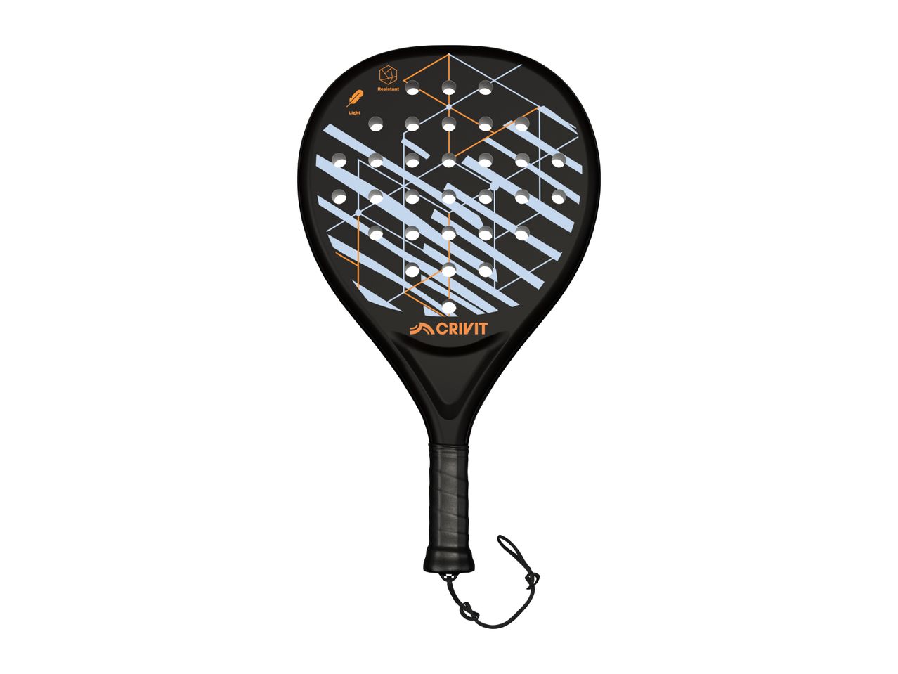 Black padel racket with light blue and orange geometric patterns and a black grip.