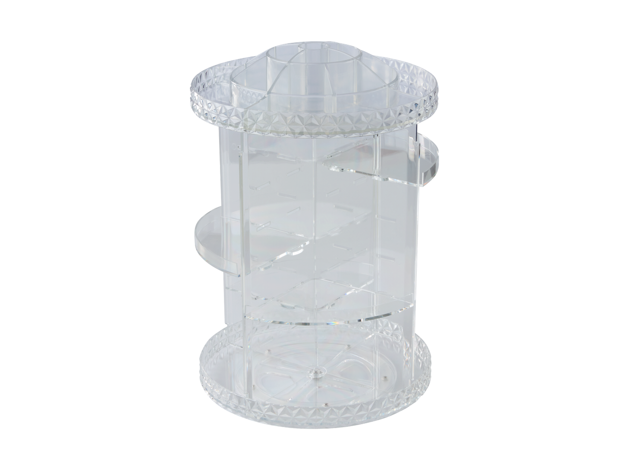 Ein transparenter, drehbarer Kosmetikorganizer aus Acryl mit mehreren Fächern.