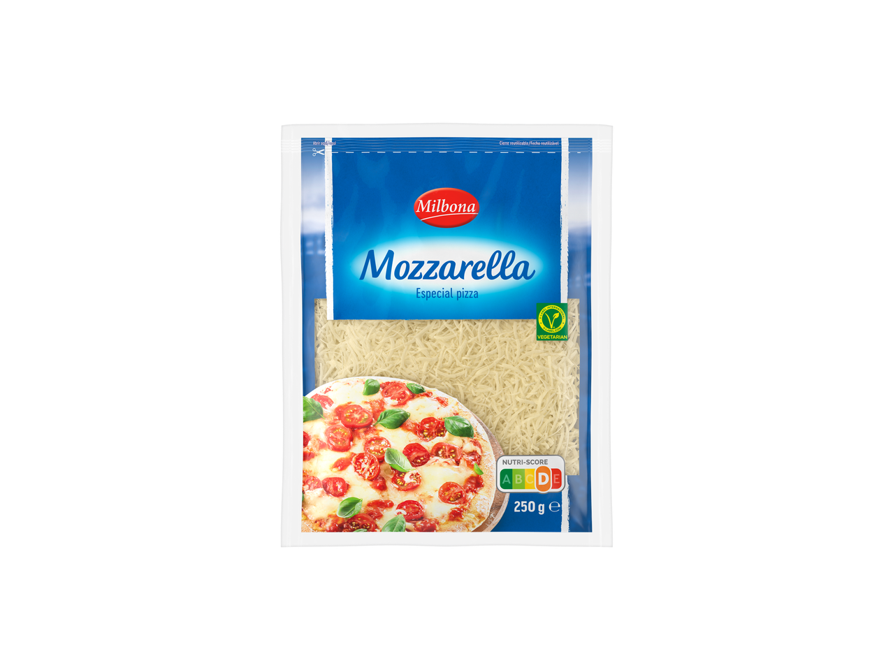 Pacote de 250g de queijo mozzarella Milbona, especial para pizza.