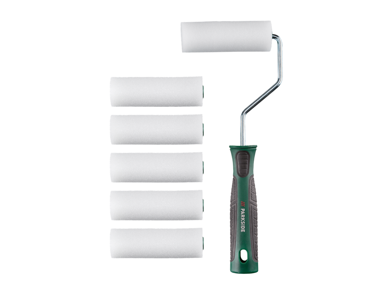 Rolo de pintura PARKSIDE com seis recargas de rolo de espuma branca sobre fundo preto.