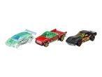 Three Hot Wheels toy cars: a translucent green car, a red car with green windows, and a black car with orange flames.