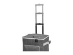 Grey cooler bag with an extendable handle on a white background.