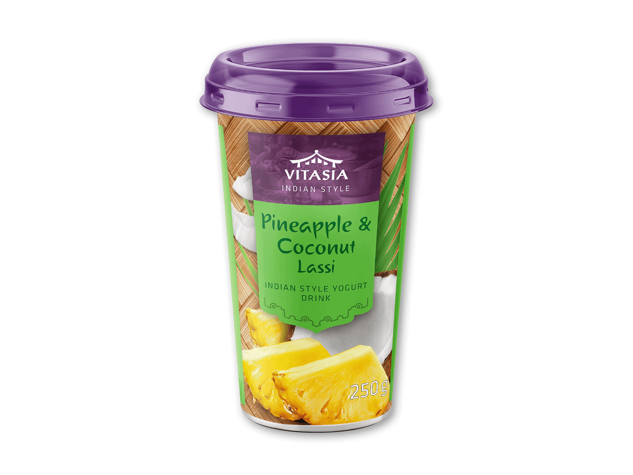 Ananas- og kokoslassi i indisk stil, yoghurtbaseret drik i en kop med lilla låg.