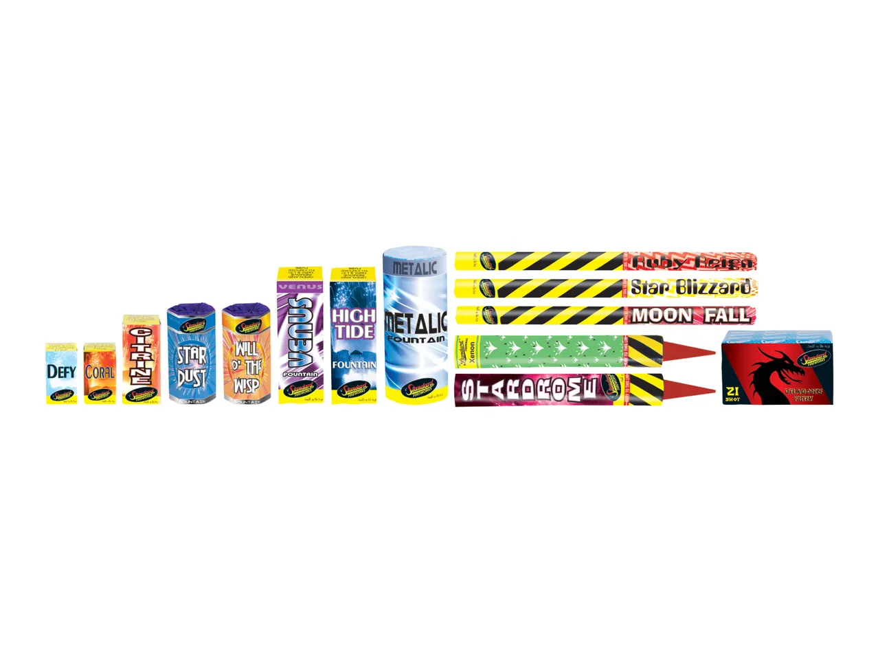 A collection of Standard Fireworks, including fountains like 'Metallic' and 'Star Dust,' rockets such as 'Ruby Reign' and 'Moon Fall,' and a 'Dragon's Fury' 21-shot firework.