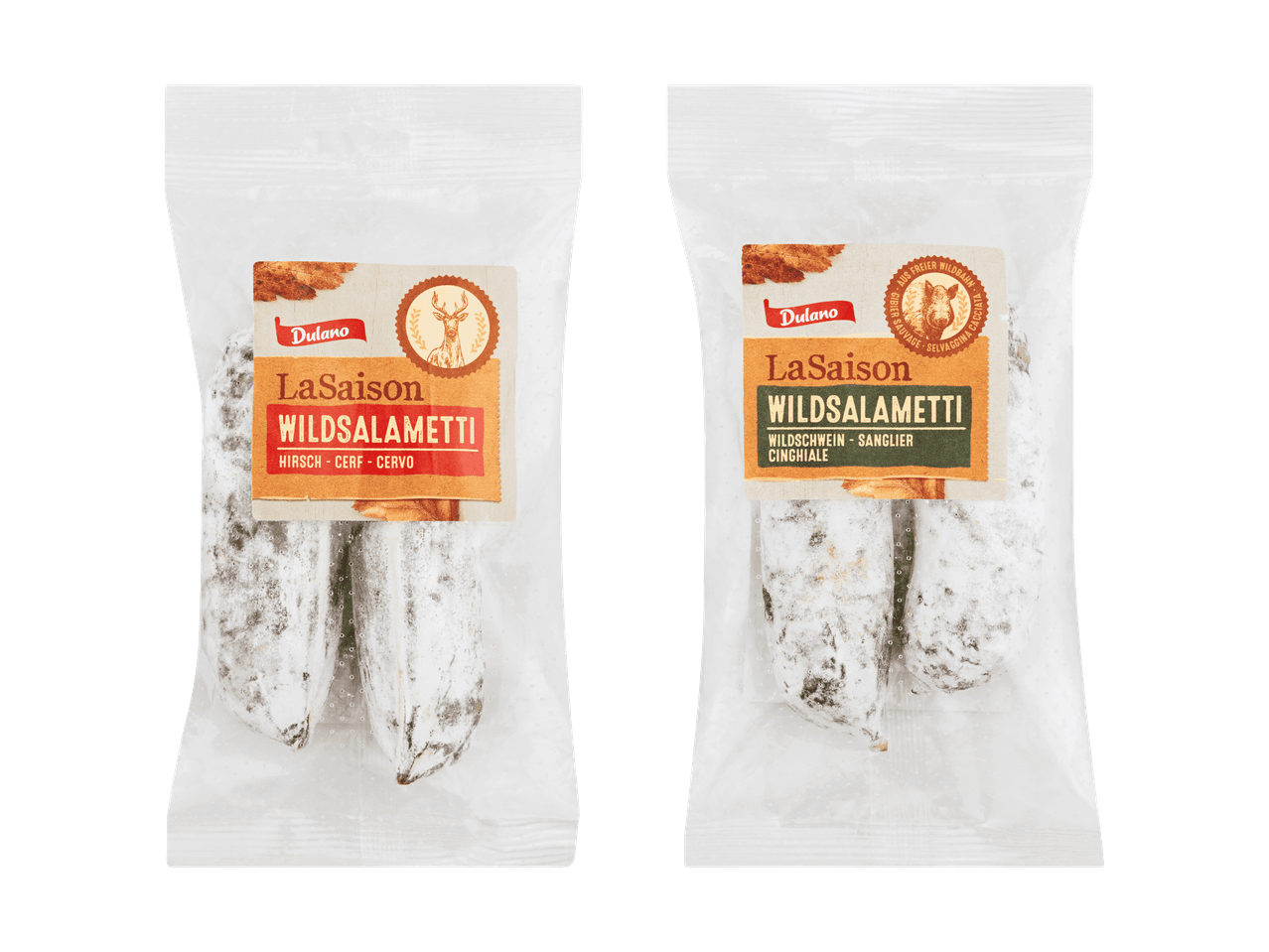 Deux paquets de saucissons Dulano La Saison Wildsalametti, un de cerf et un de sanglier.