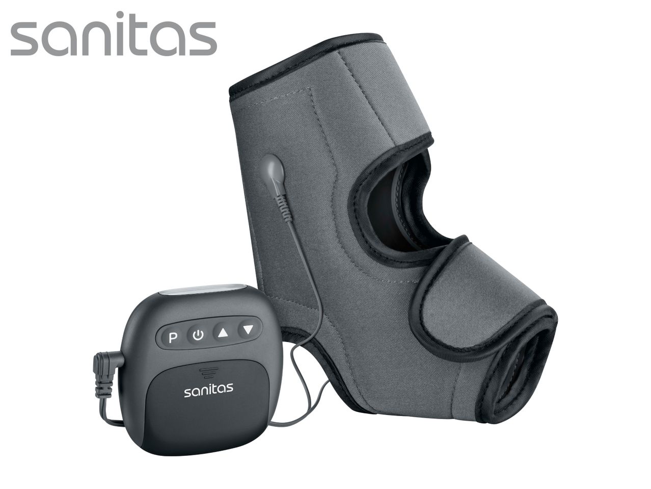 Grey elbow TENS device with a control unit and a fabric cuff.