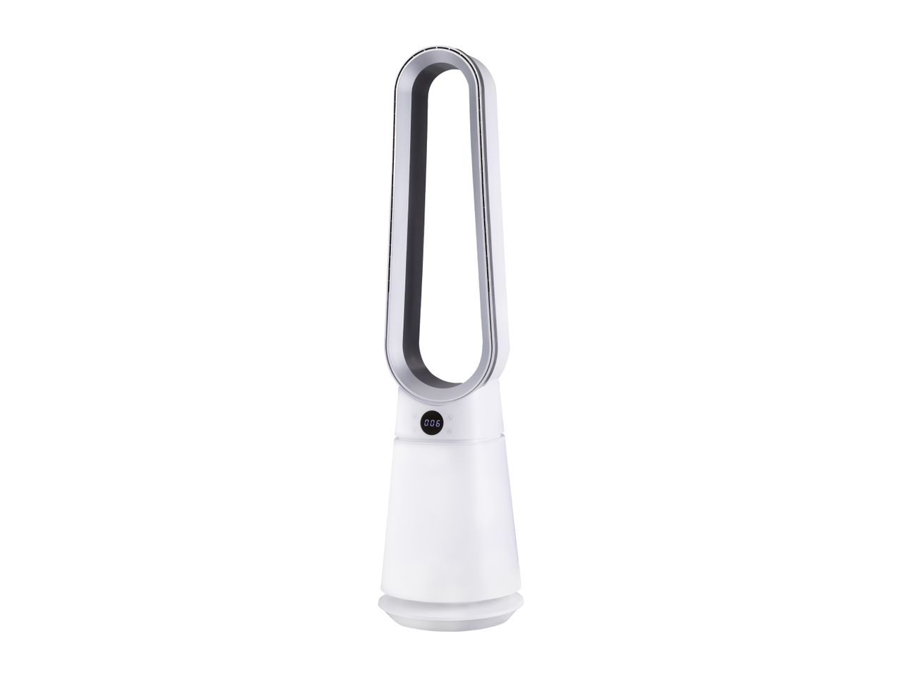 White bladeless tower fan with a digital display showing '006'.