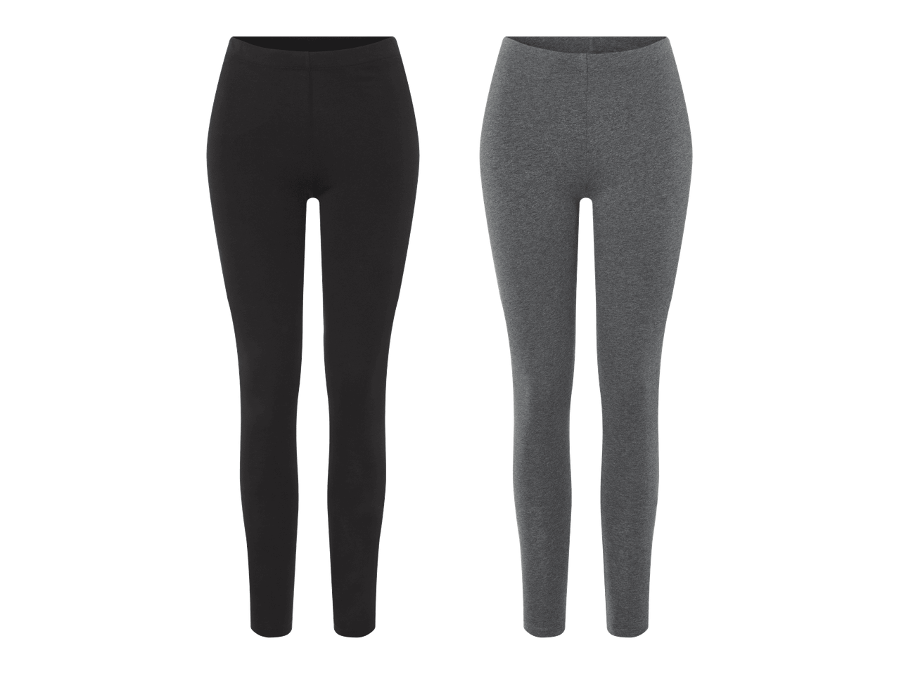 Kaksi paria leggingsejä, mustat ja harmaat.