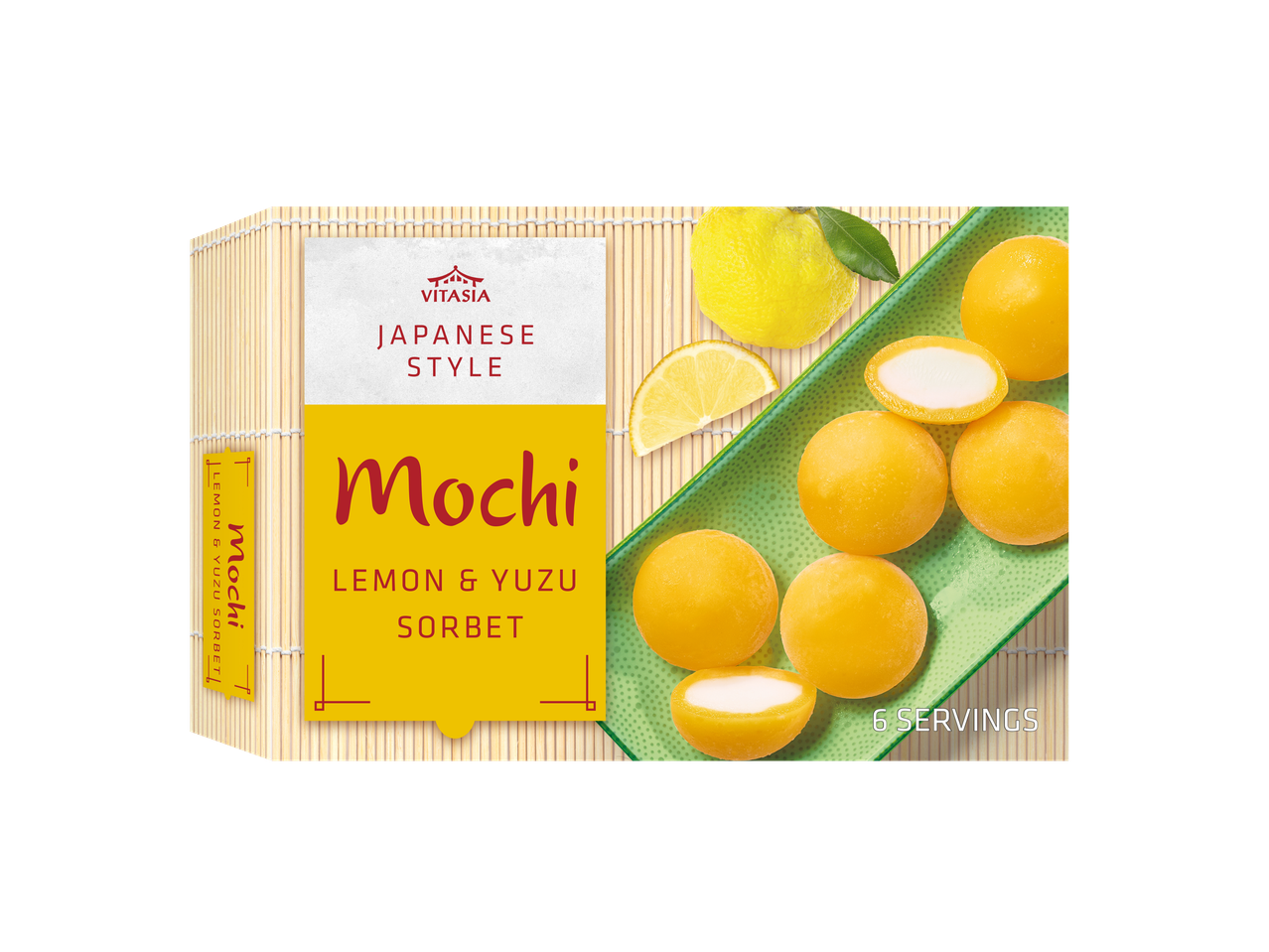 Japanese-style mochi with lemon and yuzu sorbet, 6 servings, on a bamboo mat.