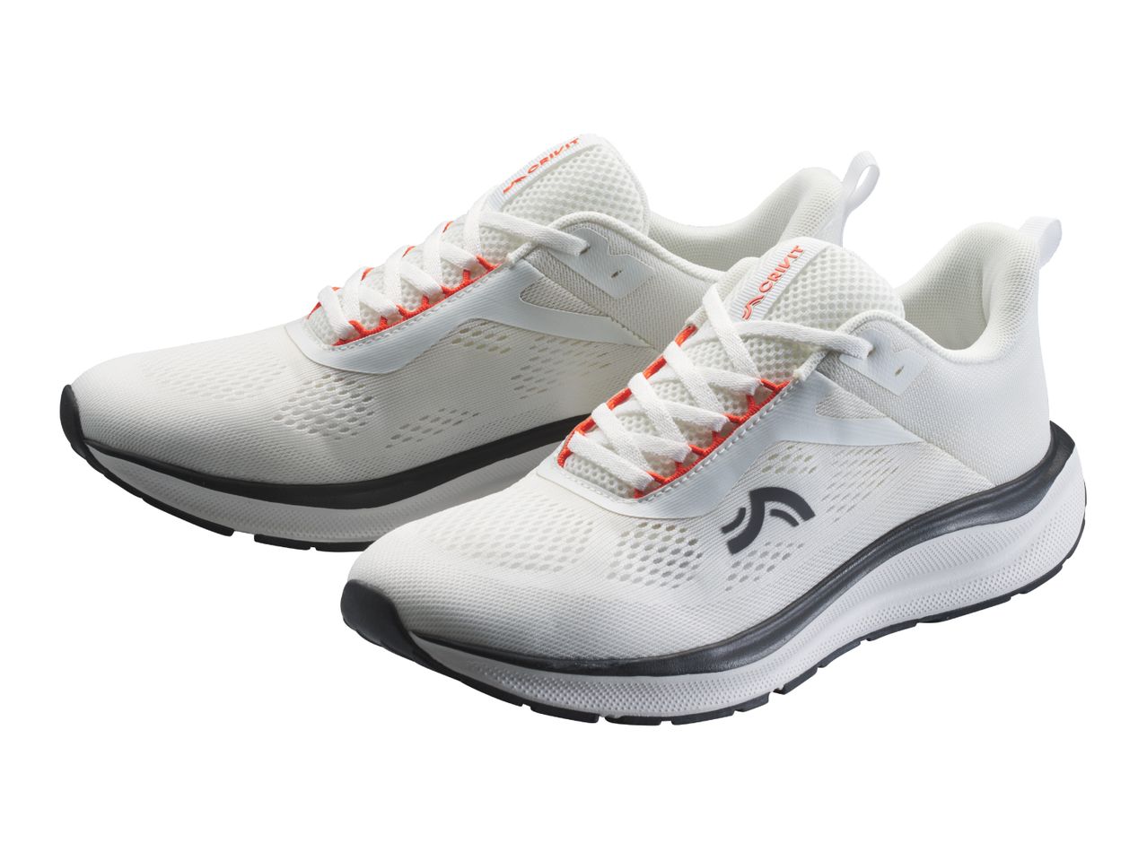 Pair of white running shoes with orange accents and black soles.
