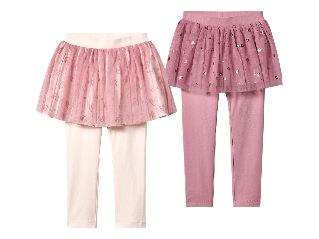 Dvoje dječjih tajica s tutu suknjom, jedne s duginim uzorkom, druge sa šljokicama.