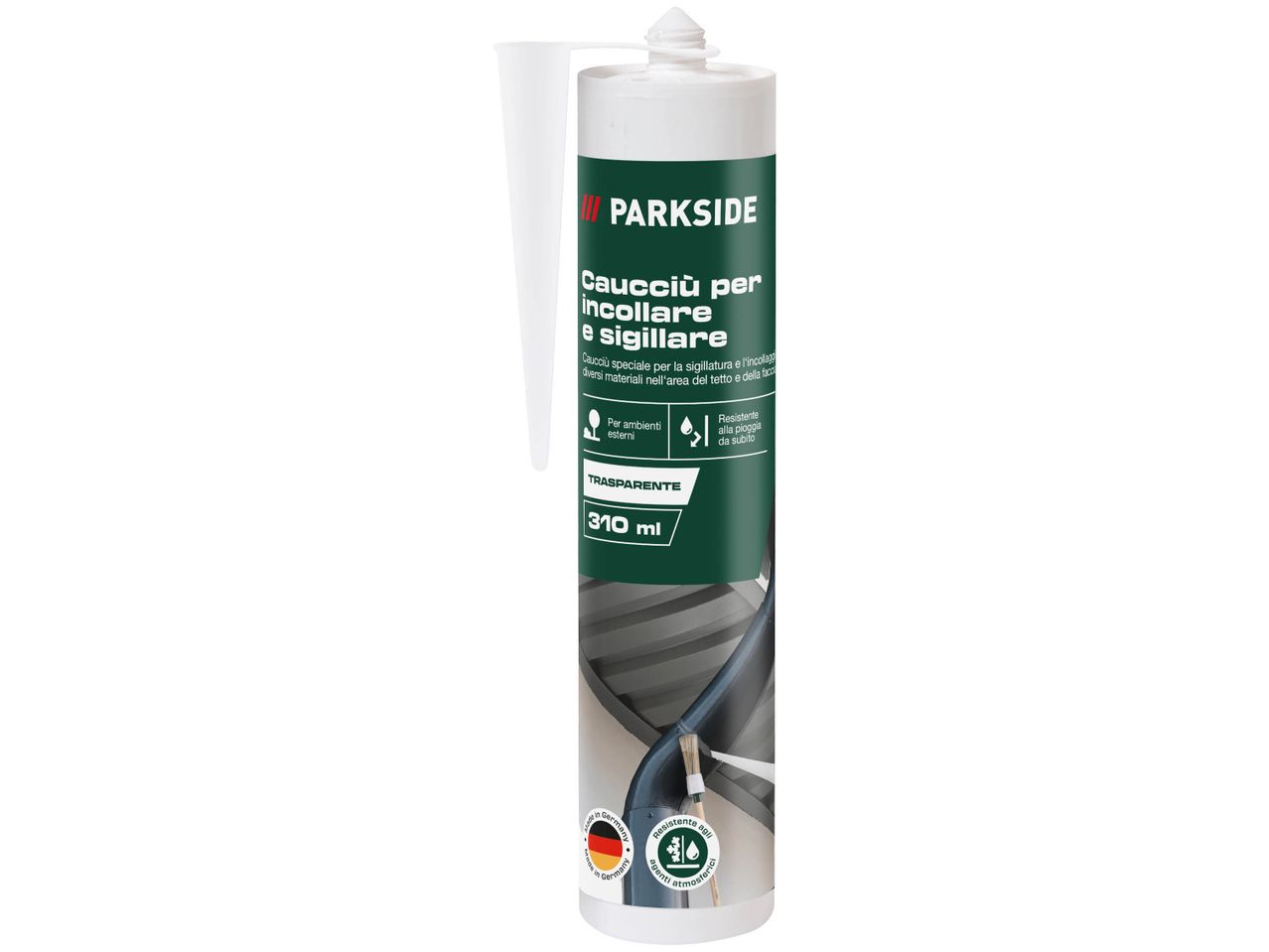 A tube of Parkside transparent rubber sealant for bonding and sealing, 310 ml.