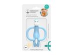Blue monkey-shaped silicone teether in packaging, with text about non-toxic material and teething relief.