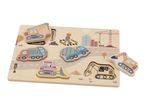 Wooden construction vehicle puzzle with a crane, dump truck, excavator, and bulldozer pieces.