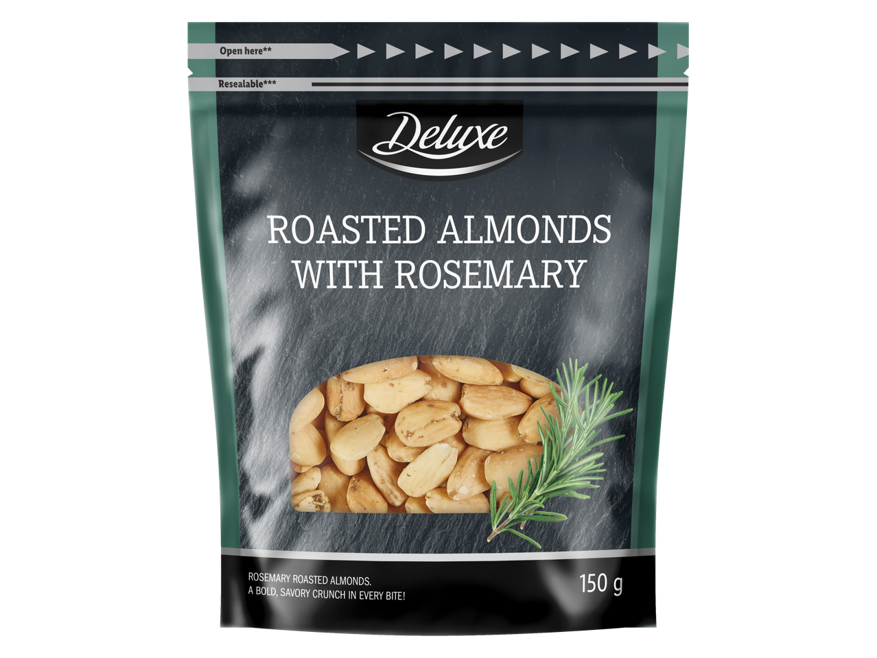 Pakelis skrudintų migdolų su rozmarinais, 150g, su tekstu 'Drąsus, pikantiškas traškumas kiekviename kąsnyje!'
