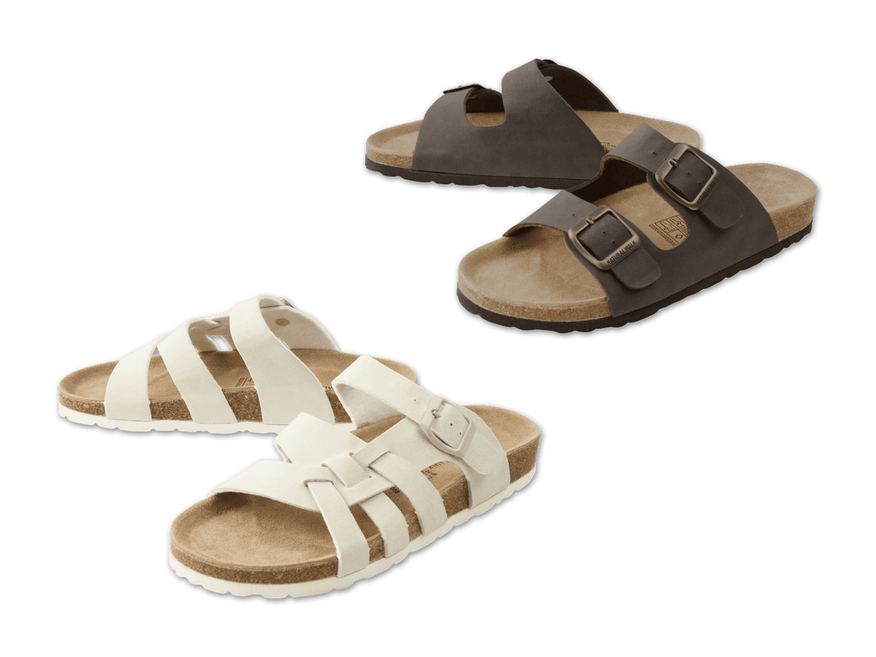 Zwei Paar Sandalen: braune Pantoletten und cremefarbene Riemchensandalen.