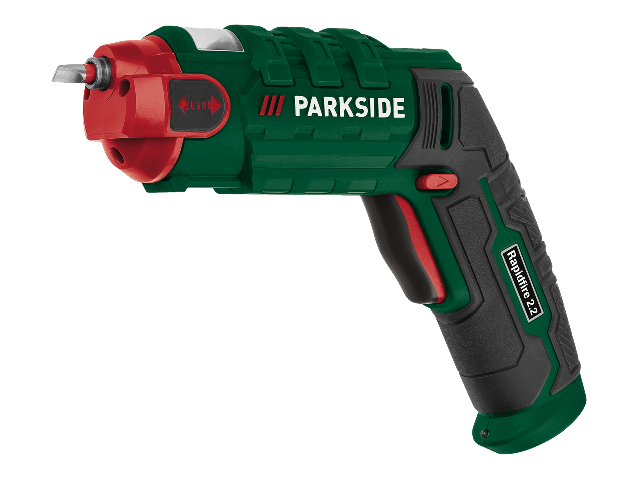 Parkside Rapidfire 2.2 akumulatora skrūvgriezis zaļā un melnā krāsā ar sarkaniem akcentiem.