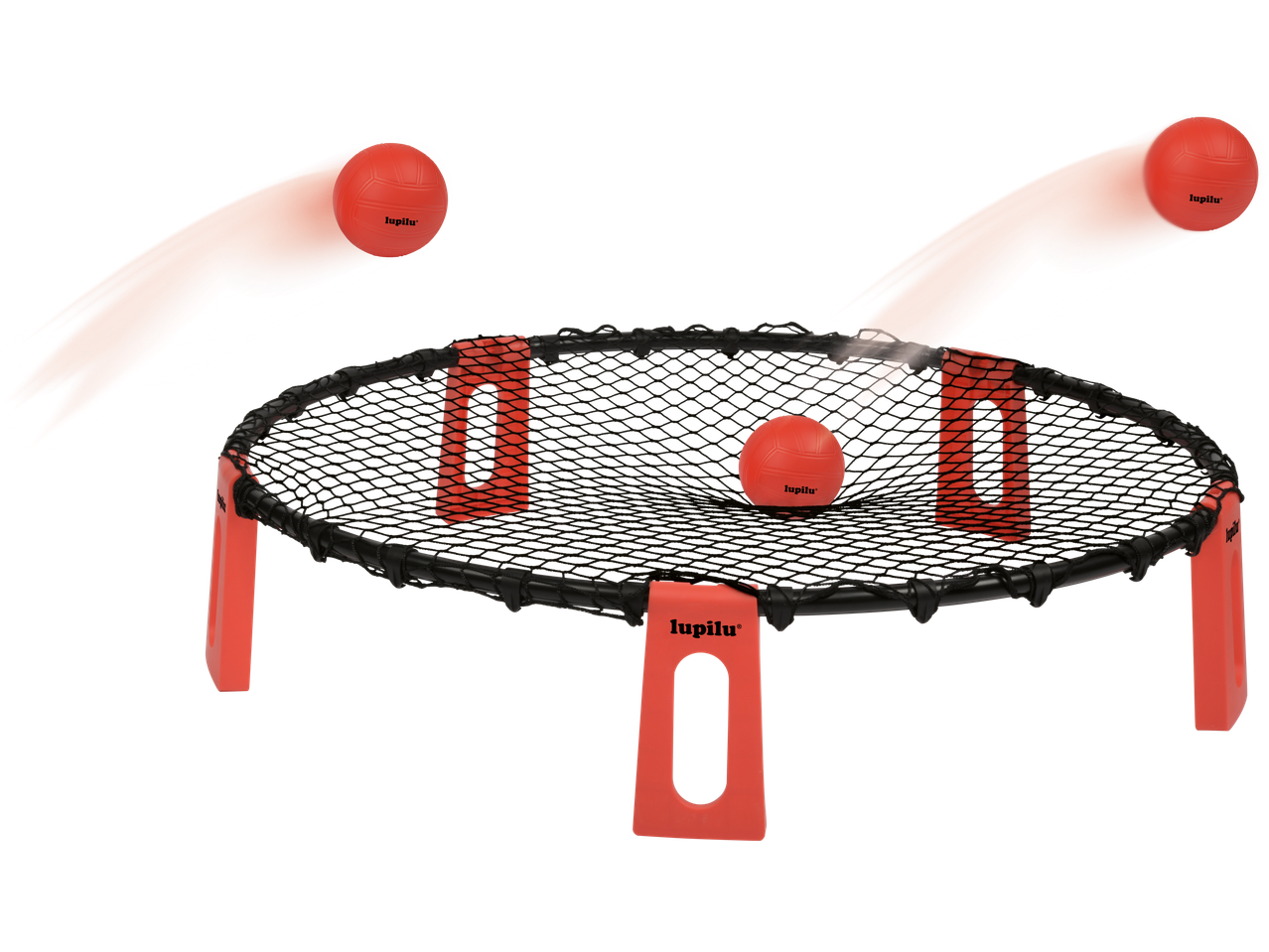 LUPILU spēles komplekts ar tīklu un trim sarkanām bumbām kustībā