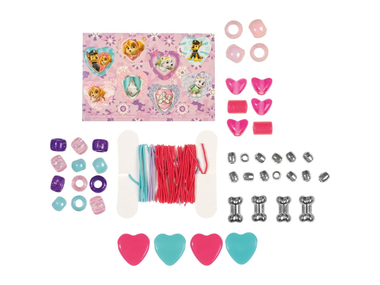 Paw Patrol-themed jewelry making kit with beads, string, and charms.