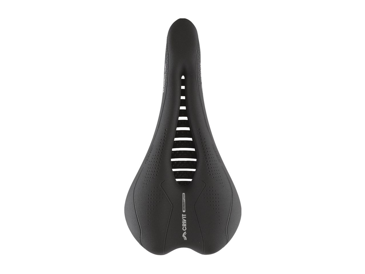 A black Crivit memory foam bicycle saddle.