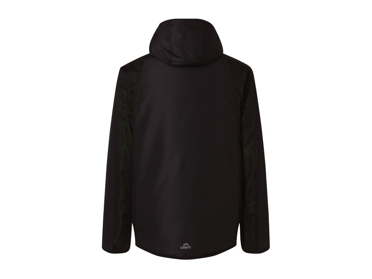 Black Crivit men's hooded jacket with mesh paneling.