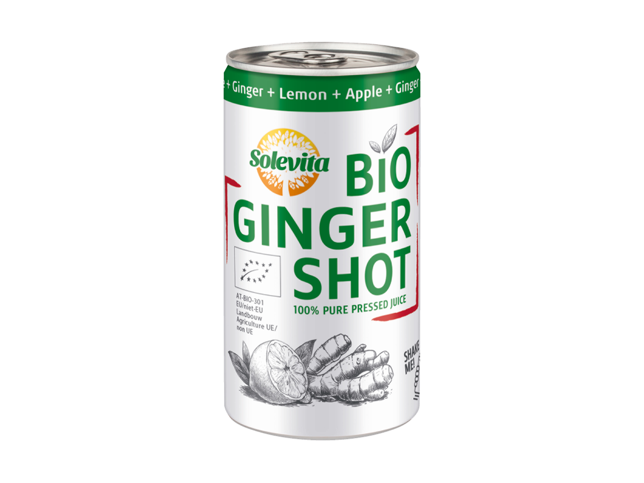 Solevita Bio Ginger Shot, une canette de jus 100% pur pressé au gingembre, citron et pomme.