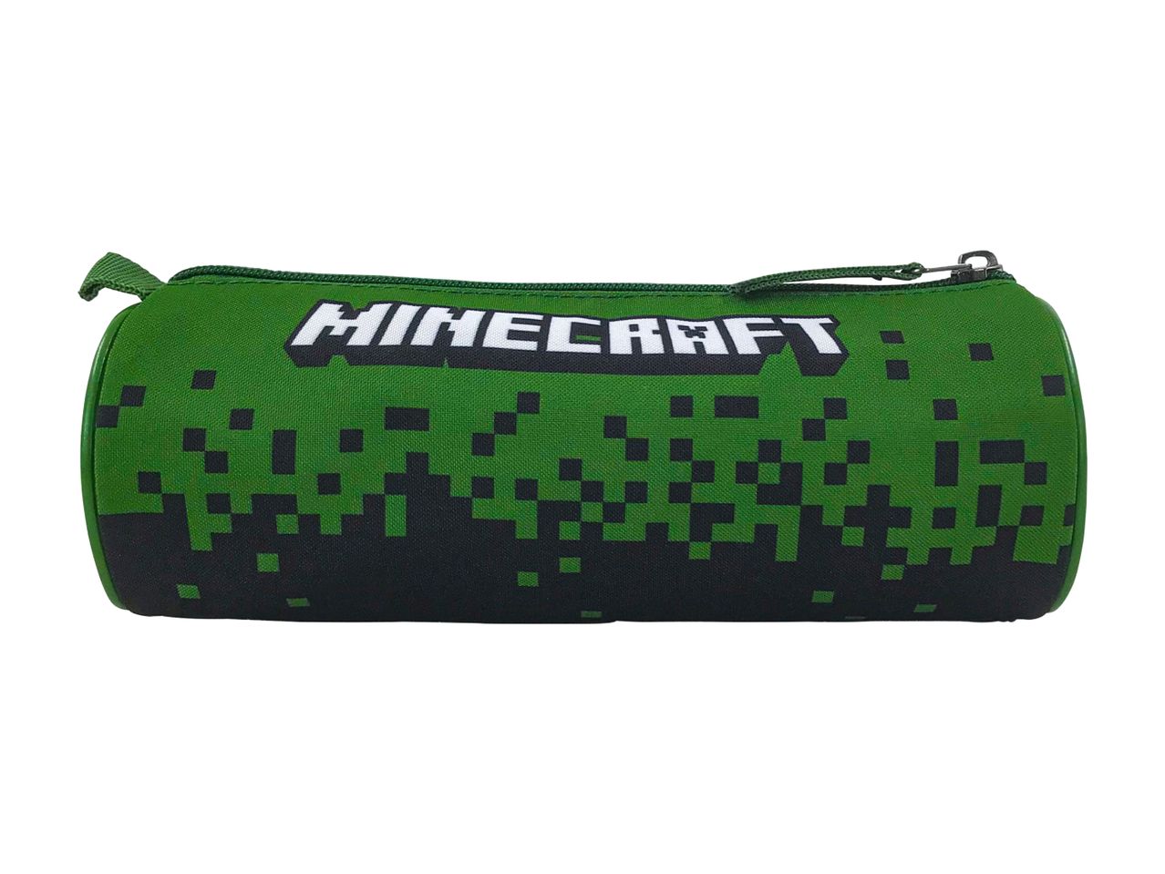 En cylindrisk Minecraft penalhus i grøn med sort pixelmønster.