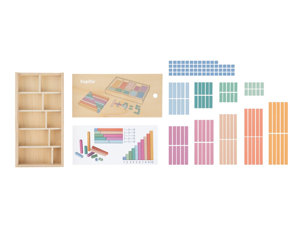 Wooden counting rods and blocks for learning math, with a storage shelf.