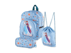 Ein Frozen-Schulranzen-Set mit Rucksack, Turnbeutel und Federmäppchen in hellblau mit Blumenmuster.