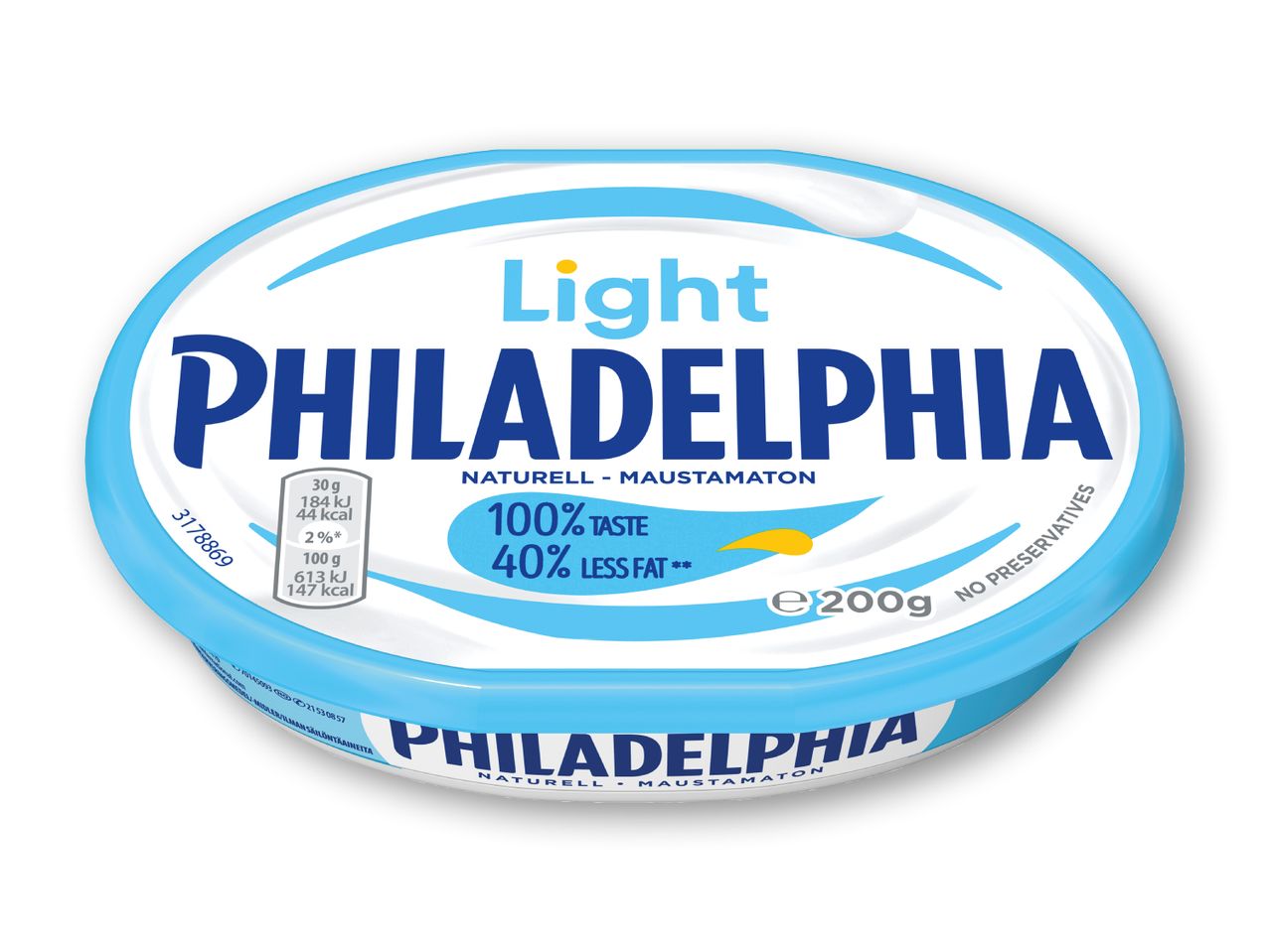 En beholder med Philadelphia Light ost med 40% mindre fedt.